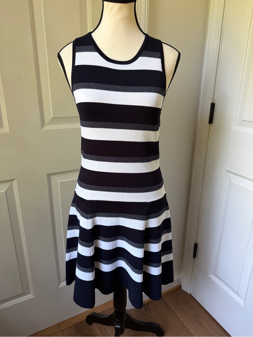 A.L.C. Striped Pippa dress Fit & Flare double knit Black White Grey